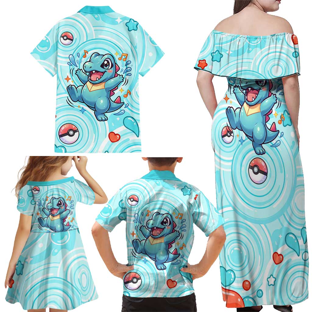 Totodile Family Matching Off Shoulder Maxi Dress and Hawaiian Shirt Vibrant Kawaii Splash Pop Art