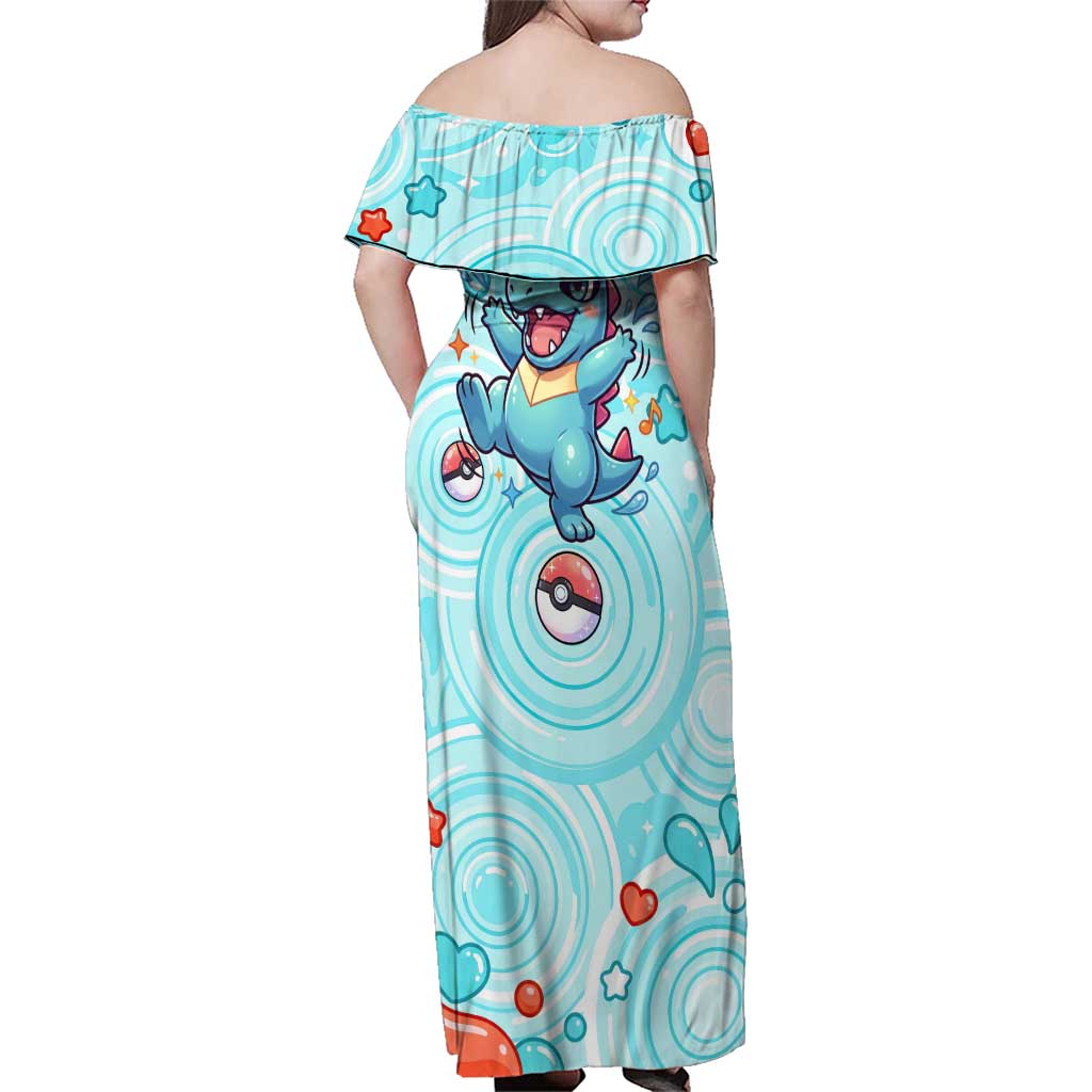 Totodile Family Matching Off Shoulder Maxi Dress and Hawaiian Shirt Vibrant Kawaii Splash Pop Art