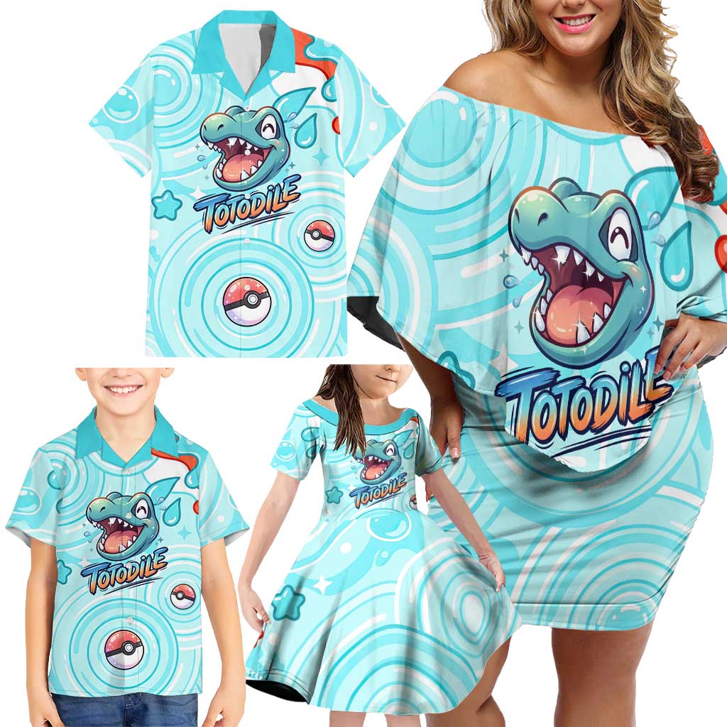 Totodile Family Matching Off Shoulder Short Dress and Hawaiian Shirt Vibrant Kawaii Splash Pop Art