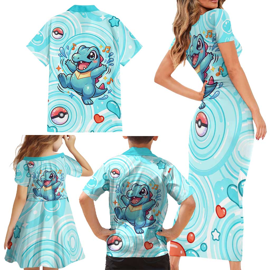 Totodile Family Matching Short Sleeve Bodycon Dress and Hawaiian Shirt Vibrant Kawaii Splash Pop Art
