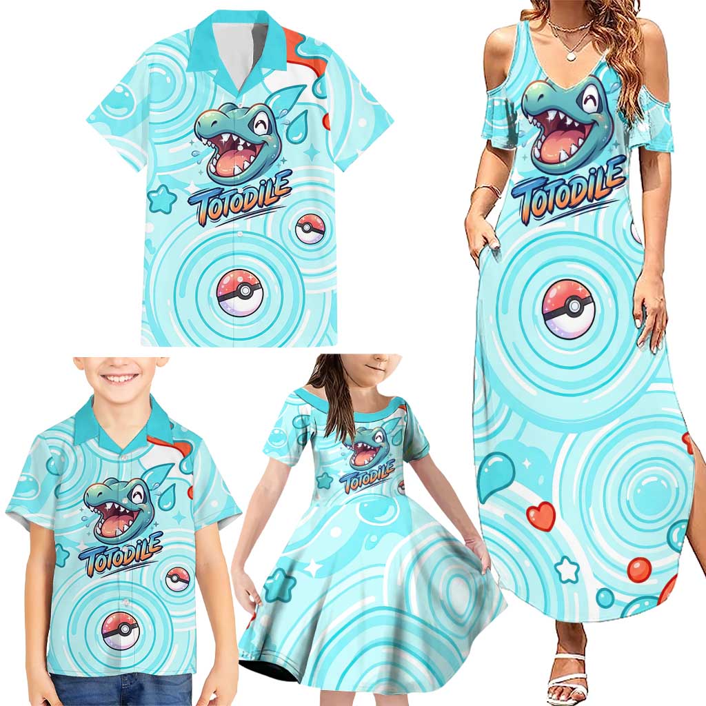Totodile Family Matching Summer Maxi Dress and Hawaiian Shirt Vibrant Kawaii Splash Pop Art