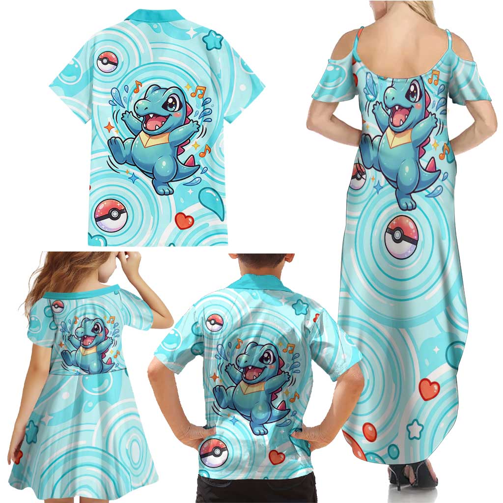 Totodile Family Matching Summer Maxi Dress and Hawaiian Shirt Vibrant Kawaii Splash Pop Art