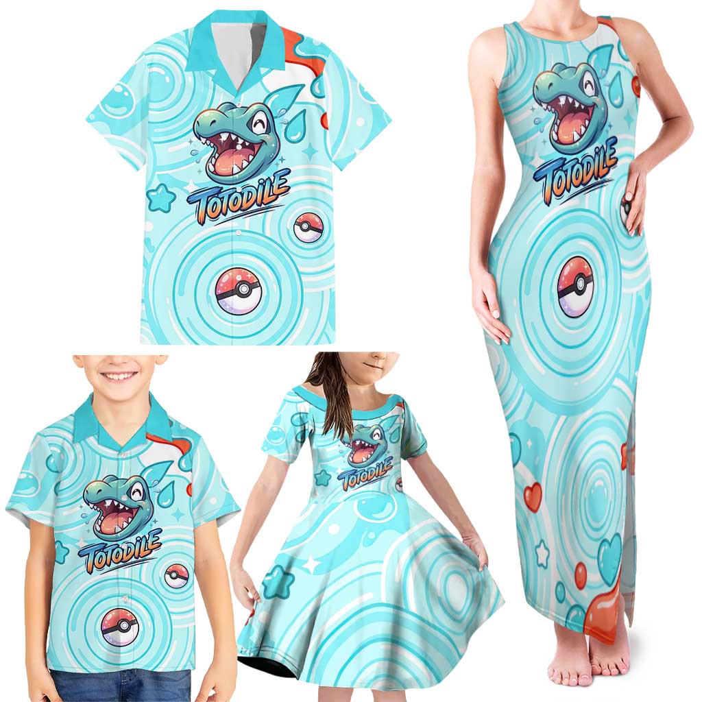 Totodile Family Matching Tank Maxi Dress and Hawaiian Shirt Vibrant Kawaii Splash Pop Art