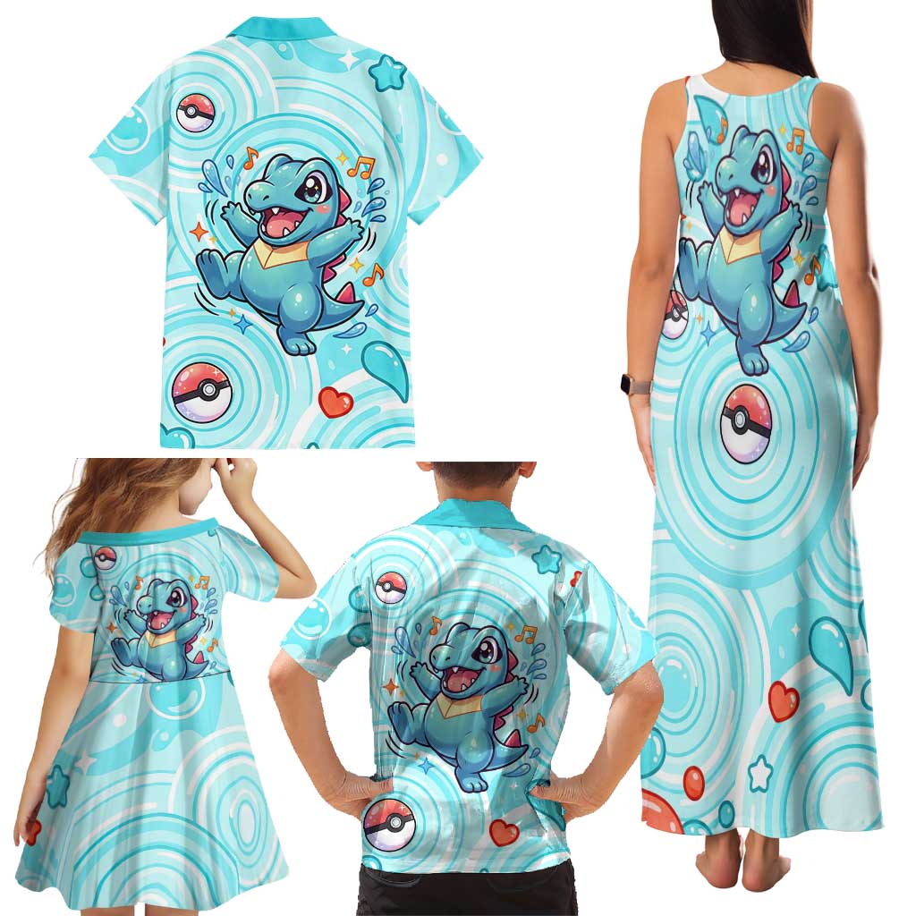 Totodile Family Matching Tank Maxi Dress and Hawaiian Shirt Vibrant Kawaii Splash Pop Art