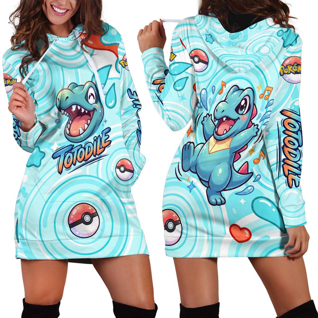 Totodile Hoodie Dress Vibrant Kawaii Splash Pop Art