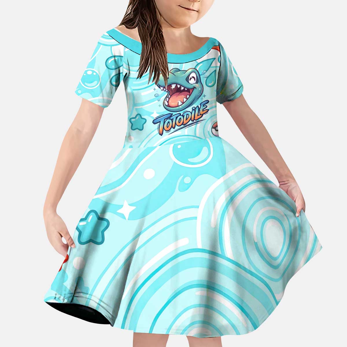 Totodile Kid Short Sleeve Dress Vibrant Kawaii Splash Pop Art