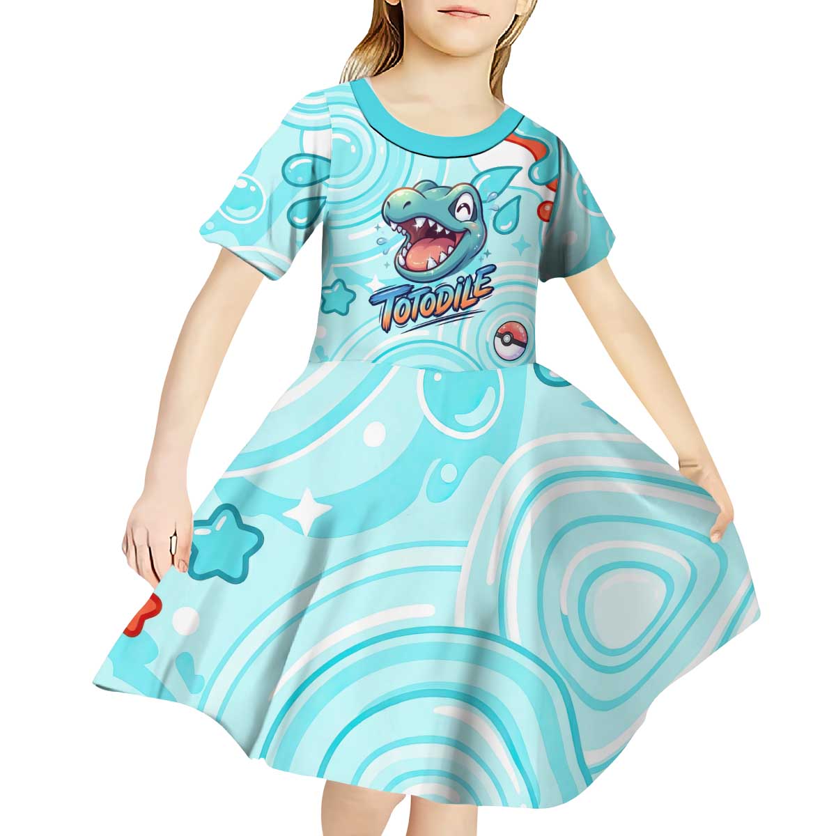 Totodile Kid Short Sleeve Dress Vibrant Kawaii Splash Pop Art