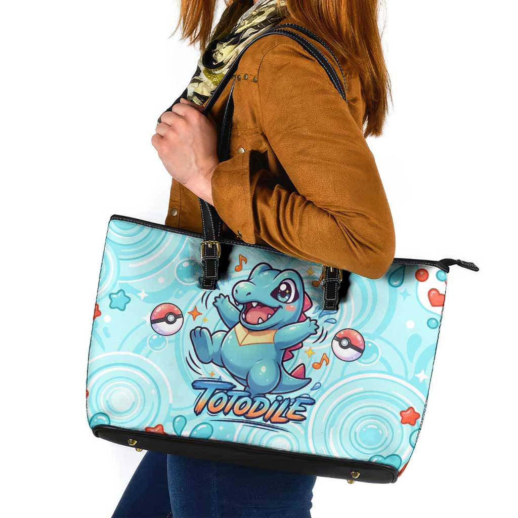 Totodile Leather Tote Bag Vibrant Kawaii Splash Pop Art
