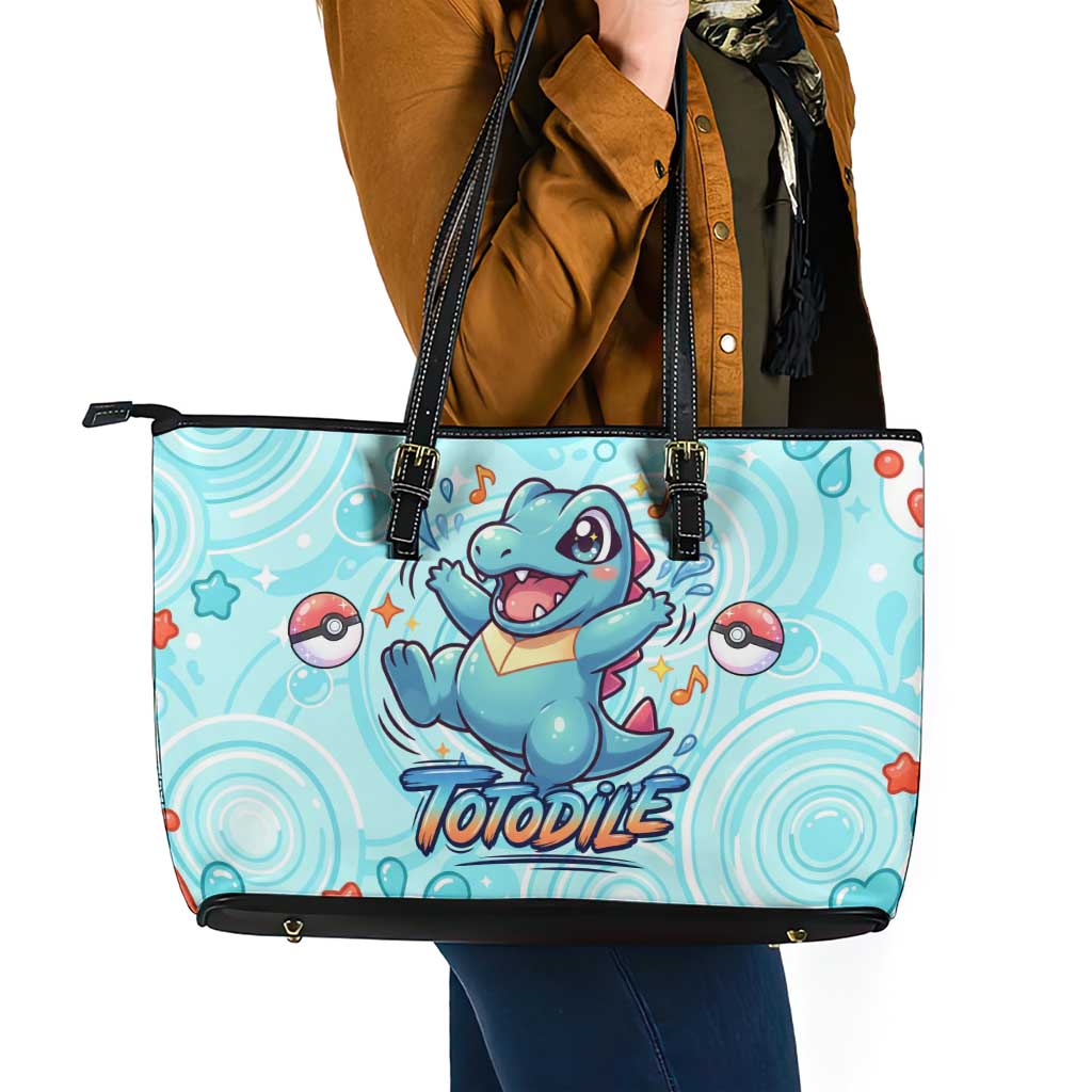Totodile Leather Tote Bag Vibrant Kawaii Splash Pop Art
