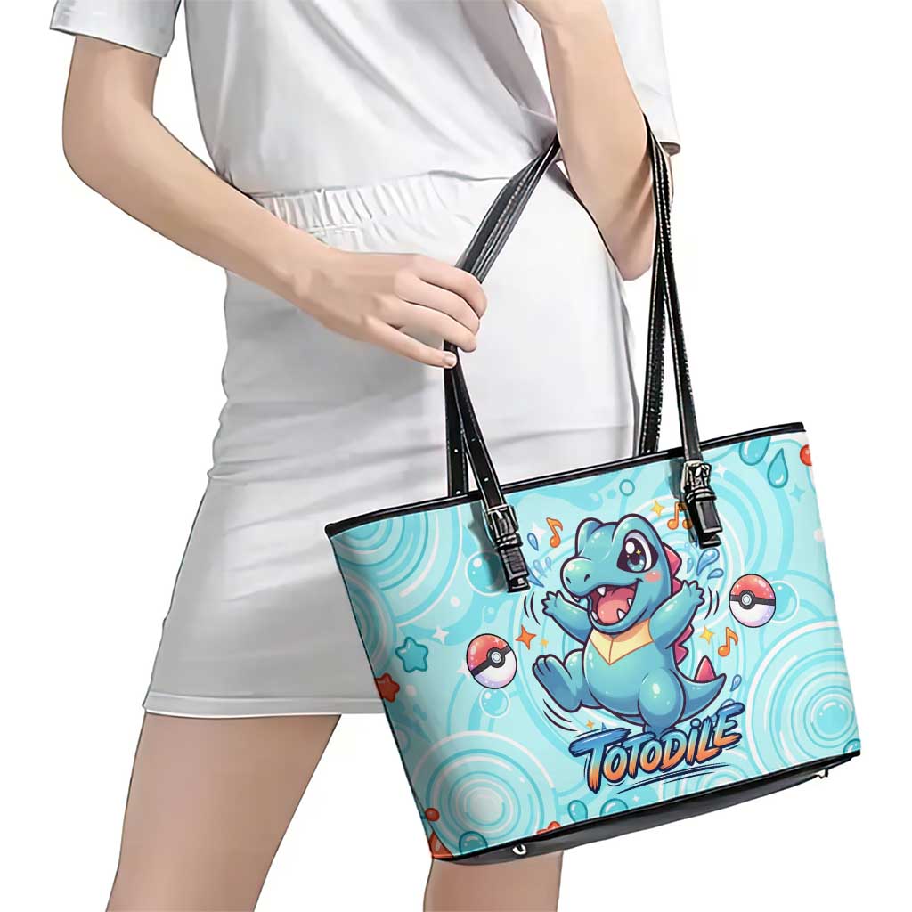 Totodile Leather Tote Bag Vibrant Kawaii Splash Pop Art