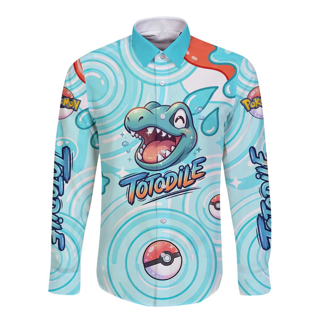 Totodile Long Sleeve Button Shirt Vibrant Kawaii Splash Pop Art