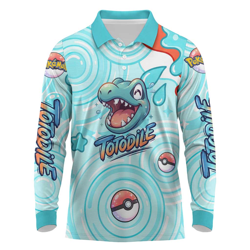 Totodile Long Sleeve Polo Shirt Vibrant Kawaii Splash Pop Art