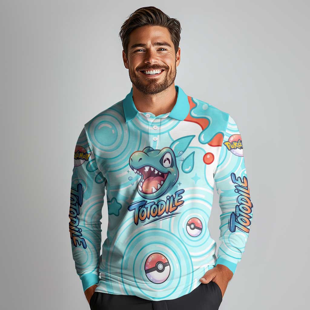 Totodile Long Sleeve Polo Shirt Vibrant Kawaii Splash Pop Art