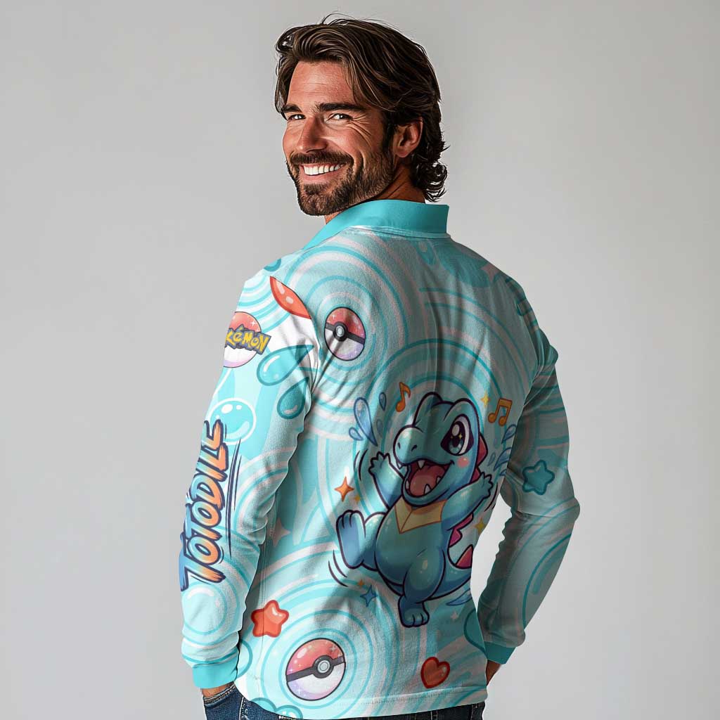 Totodile Long Sleeve Polo Shirt Vibrant Kawaii Splash Pop Art