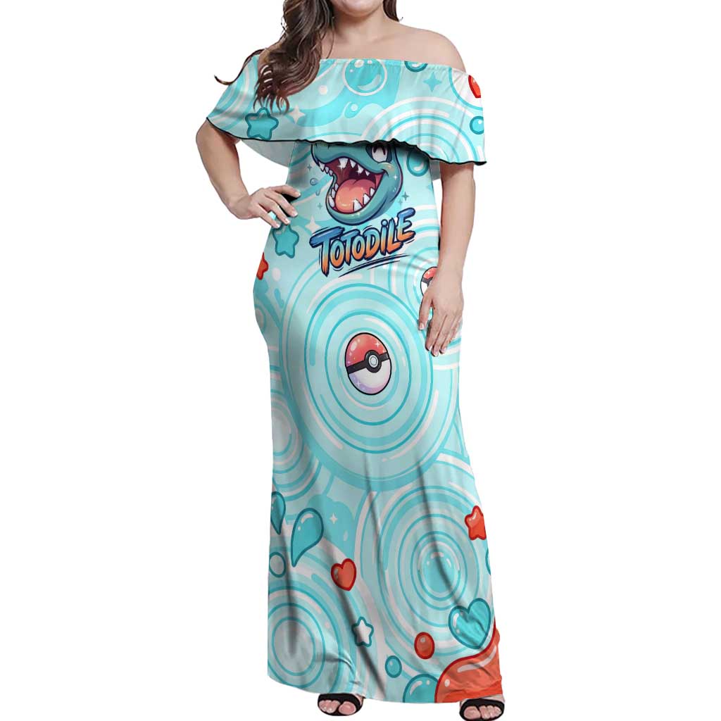 Totodile Off Shoulder Maxi Dress Vibrant Kawaii Splash Pop Art