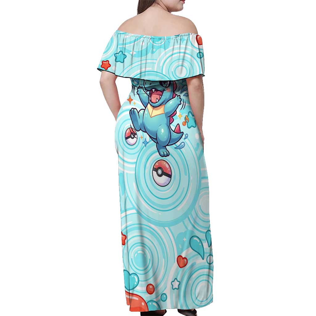 Totodile Off Shoulder Maxi Dress Vibrant Kawaii Splash Pop Art