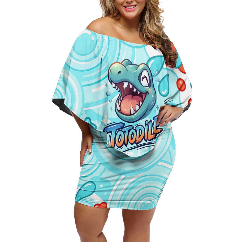 Totodile Off Shoulder Short Dress Vibrant Kawaii Splash Pop Art