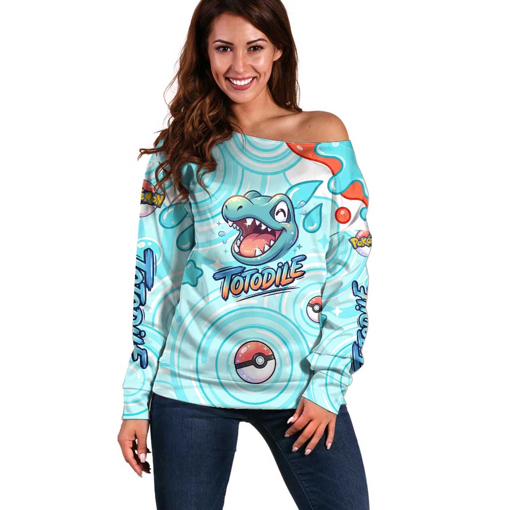 Totodile Off Shoulder Sweater Vibrant Kawaii Splash Pop Art