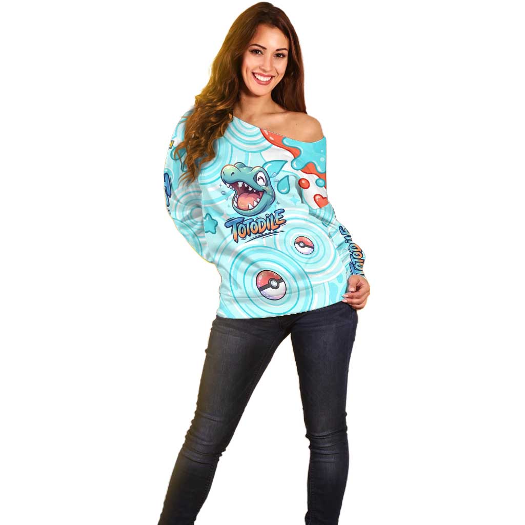 Totodile Off Shoulder Sweater Vibrant Kawaii Splash Pop Art