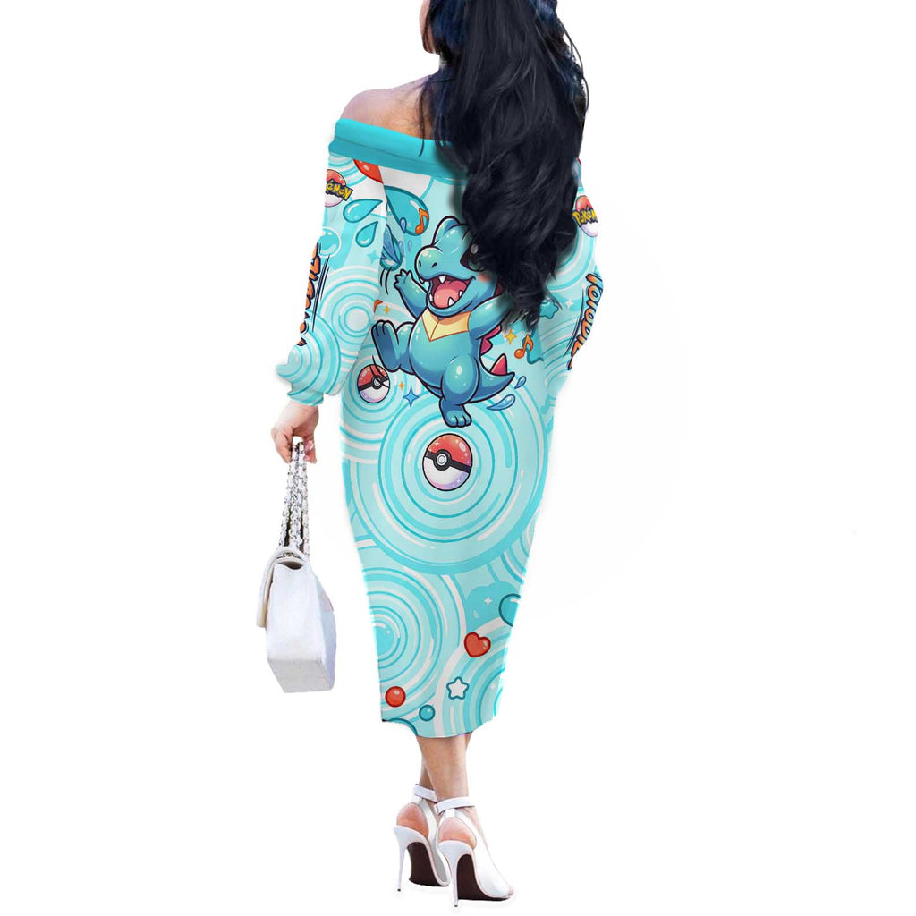 Totodile Off The Shoulder Long Sleeve Dress Vibrant Kawaii Splash Pop Art