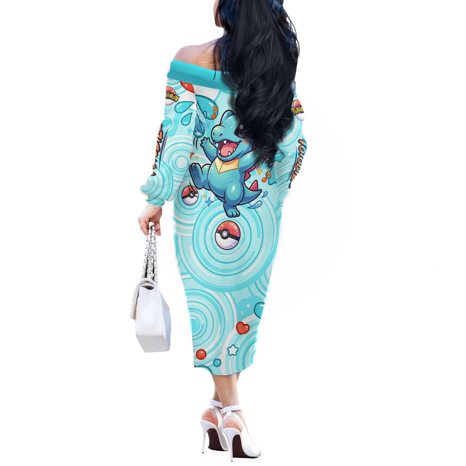 Totodile Off The Shoulder Long Sleeve Dress Vibrant Kawaii Splash Pop Art
