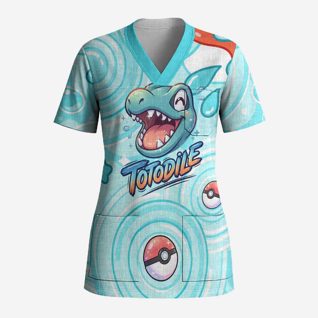 Totodile Scrub Top Vibrant Kawaii Splash Pop Art