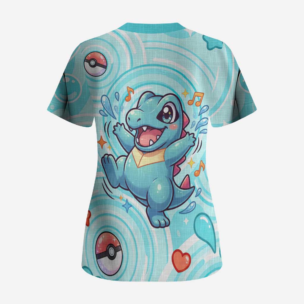 Totodile Scrub Top Vibrant Kawaii Splash Pop Art