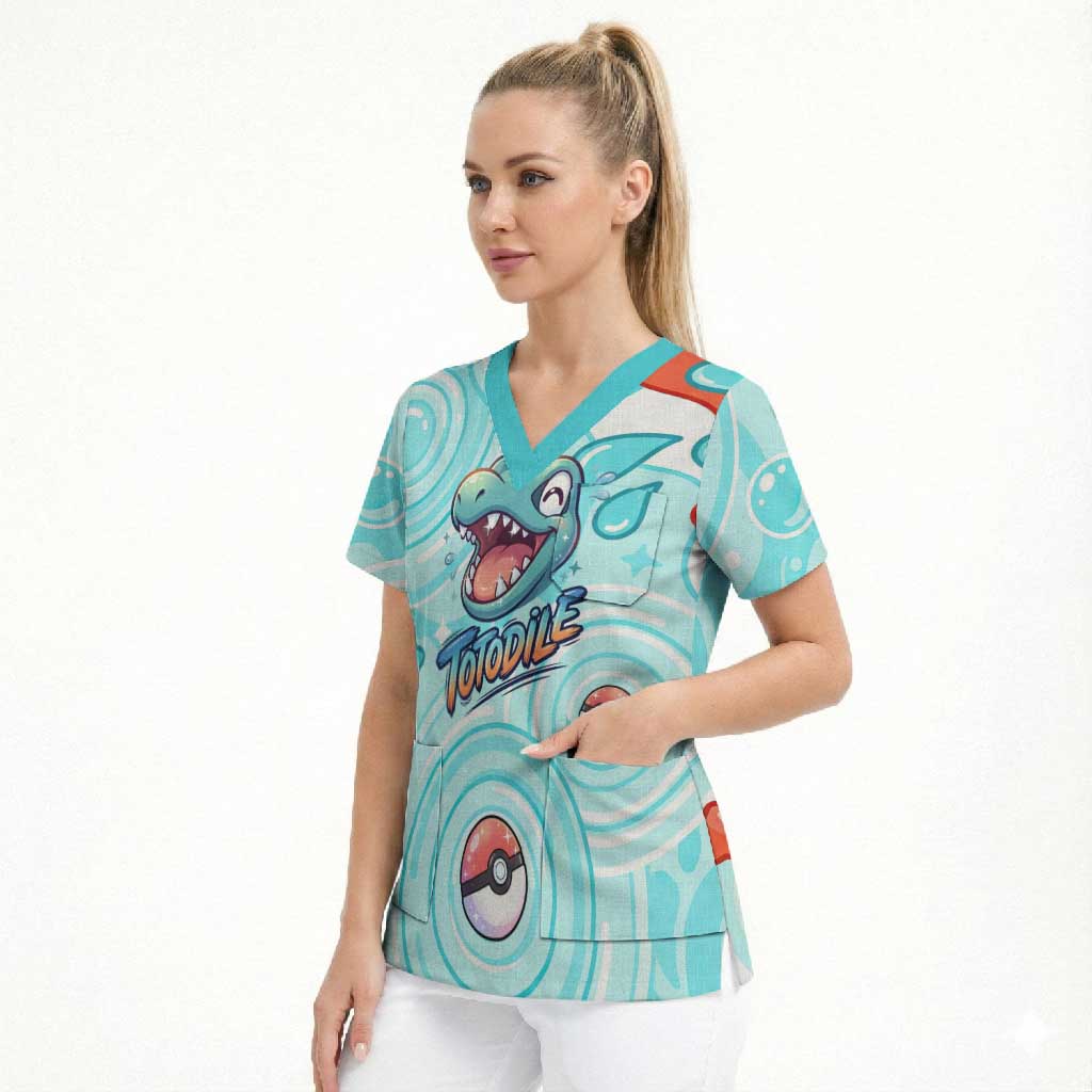 Totodile Scrub Top Vibrant Kawaii Splash Pop Art