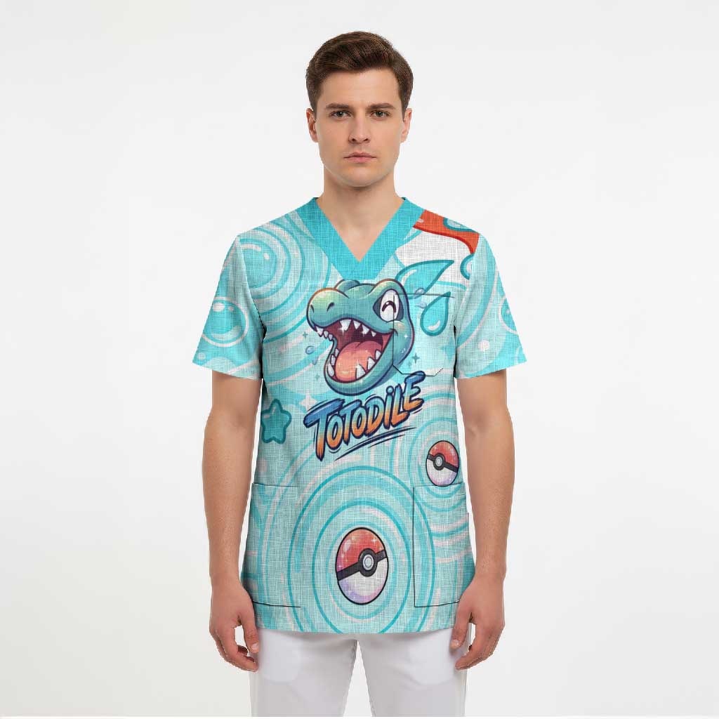 Totodile Scrub Top Vibrant Kawaii Splash Pop Art