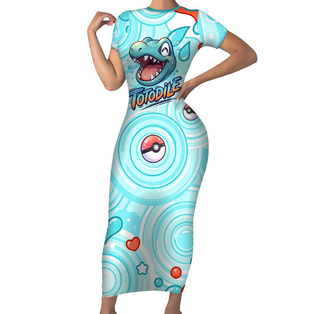 Totodile Short Sleeve Bodycon Dress Vibrant Kawaii Splash Pop Art