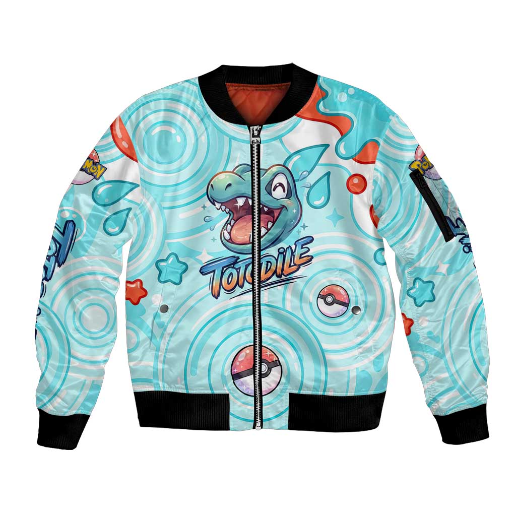 Totodile Sleeve Zip Bomber Jacket Vibrant Kawaii Splash Pop Art
