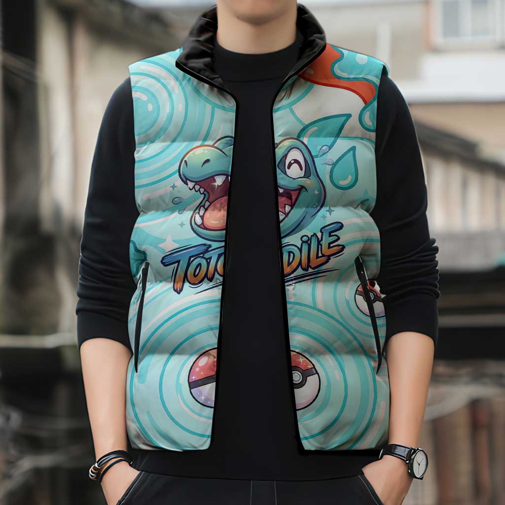 Totodile Sleeveless Puffer Jacket Vibrant Kawaii Splash Pop Art