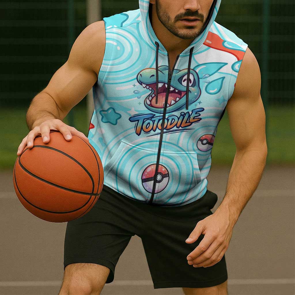 Totodile Sleeveless Zip Hoodie Vibrant Kawaii Splash Pop Art