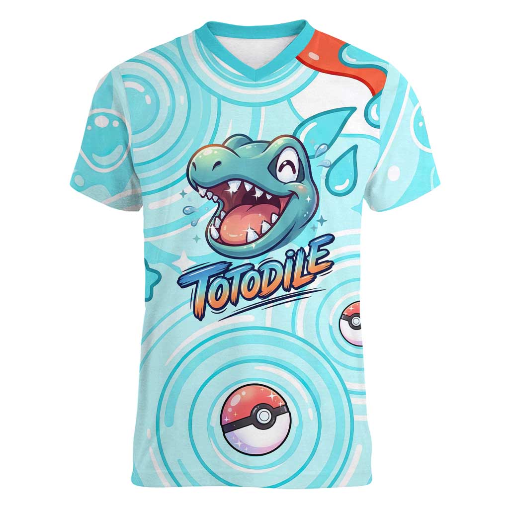 Totodile Women V-Neck T-Shirt Vibrant Kawaii Splash Pop Art