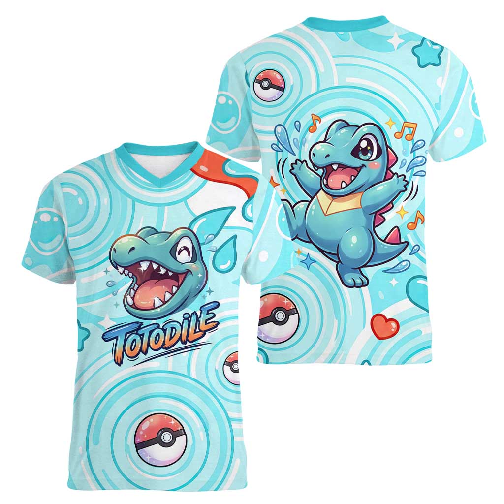 Totodile Women V-Neck T-Shirt Vibrant Kawaii Splash Pop Art
