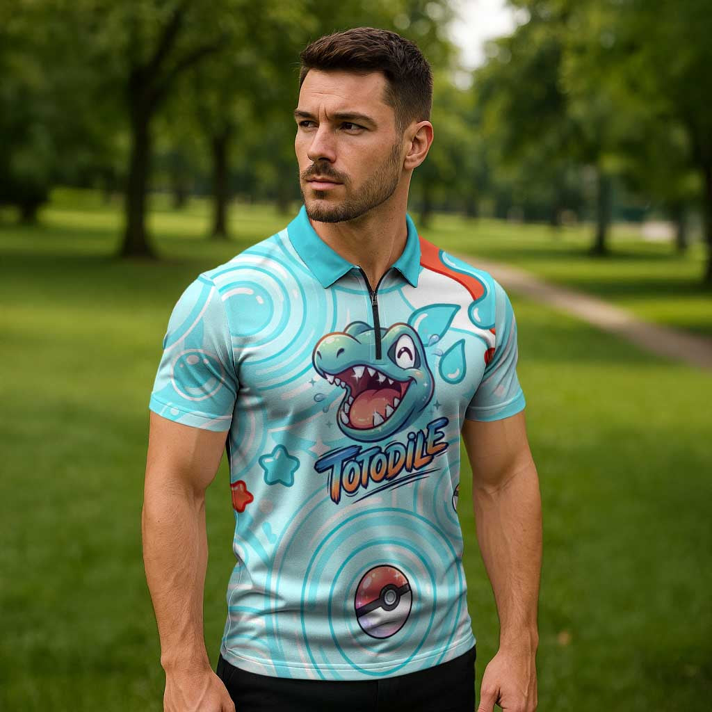 Totodile Zipper Polo Shirt Vibrant Kawaii Splash Pop Art