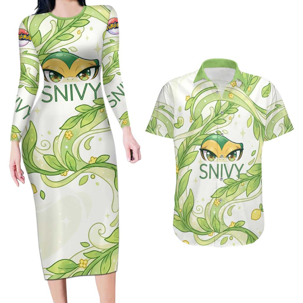Snivy Couples Matching Long Sleeve Bodycon Dress and Hawaiian Shirt Elegant Botanical Art Nouveau Style