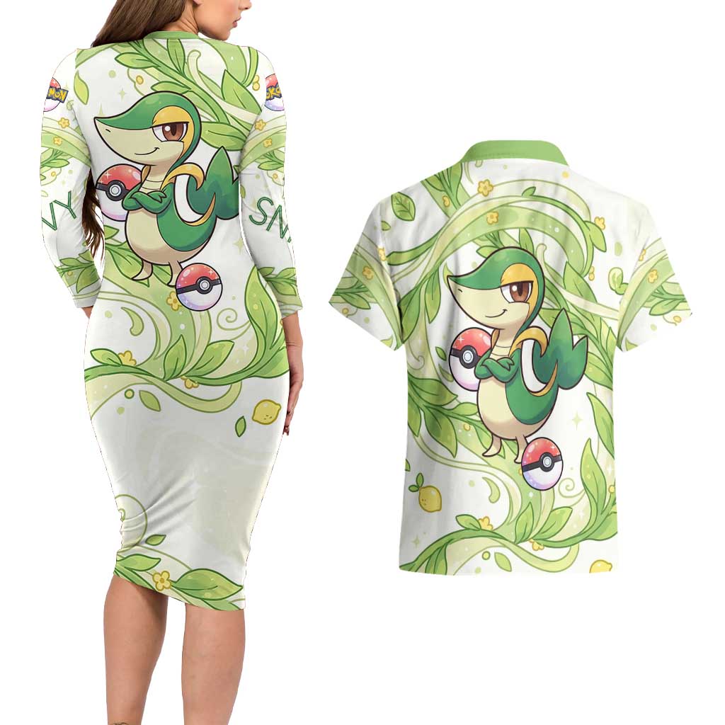 Snivy Couples Matching Long Sleeve Bodycon Dress and Hawaiian Shirt Elegant Botanical Art Nouveau Style
