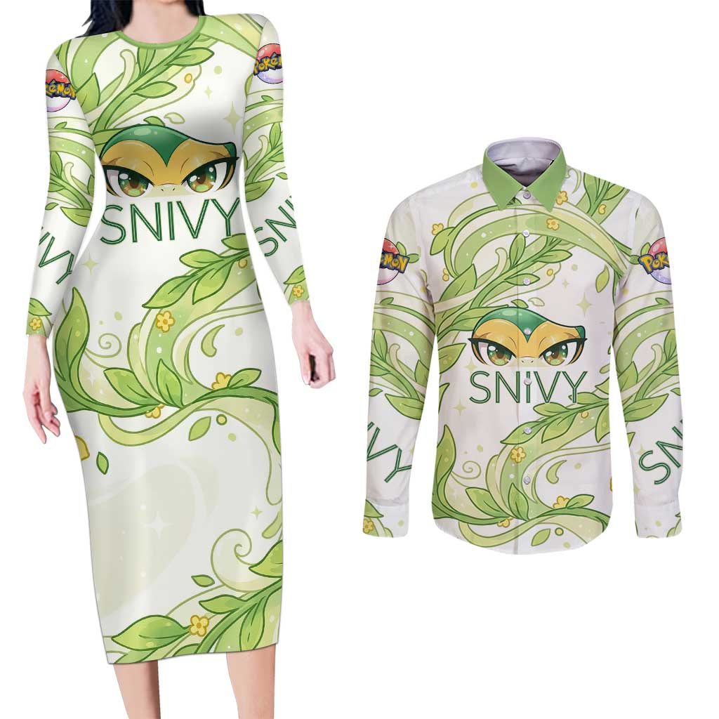 Snivy Couples Matching Long Sleeve Bodycon Dress and Long Sleeve Button Shirt Elegant Botanical Art Nouveau Style