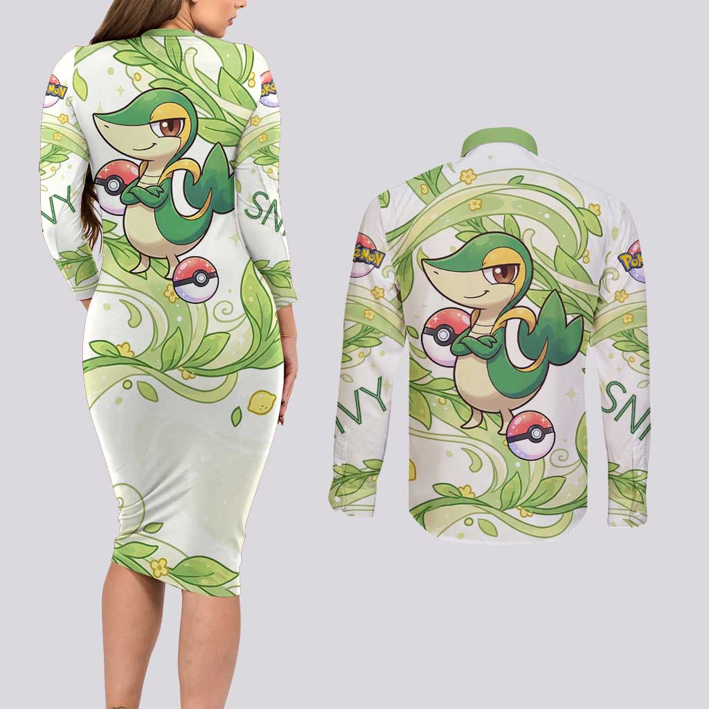 Snivy Couples Matching Long Sleeve Bodycon Dress and Long Sleeve Button Shirt Elegant Botanical Art Nouveau Style