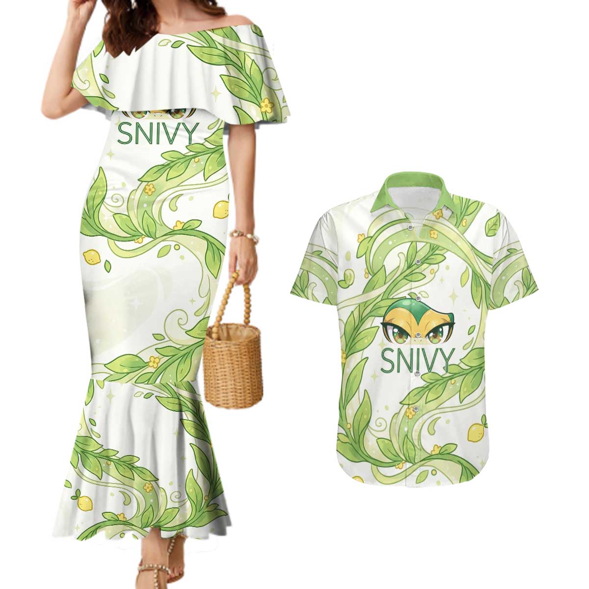 Snivy Couples Matching Mermaid Dress and Hawaiian Shirt Elegant Botanical Art Nouveau Style