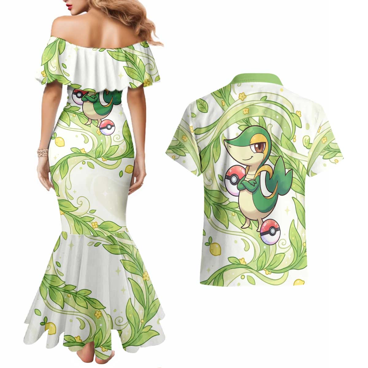 Snivy Couples Matching Mermaid Dress and Hawaiian Shirt Elegant Botanical Art Nouveau Style