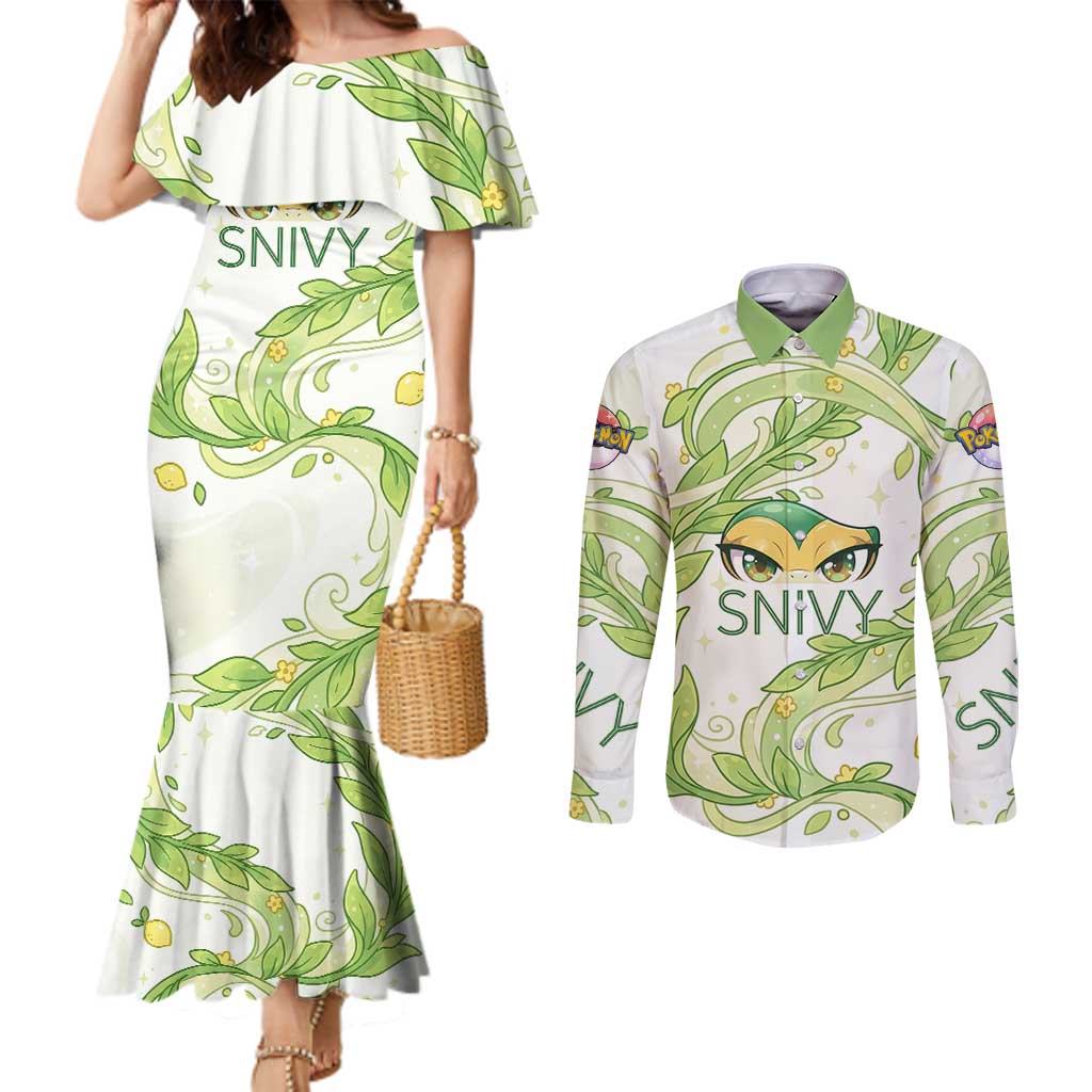 Snivy Couples Matching Mermaid Dress and Long Sleeve Button Shirt Elegant Botanical Art Nouveau Style