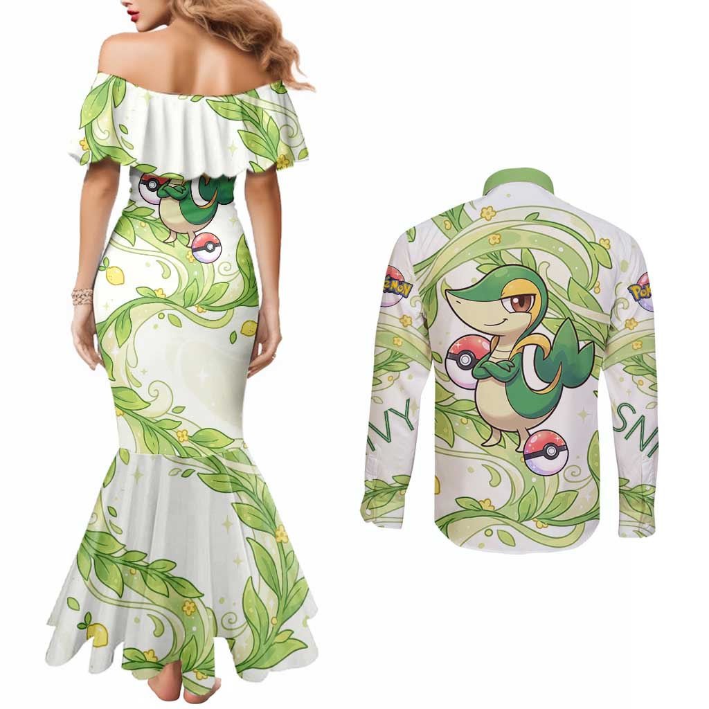 Snivy Couples Matching Mermaid Dress and Long Sleeve Button Shirt Elegant Botanical Art Nouveau Style