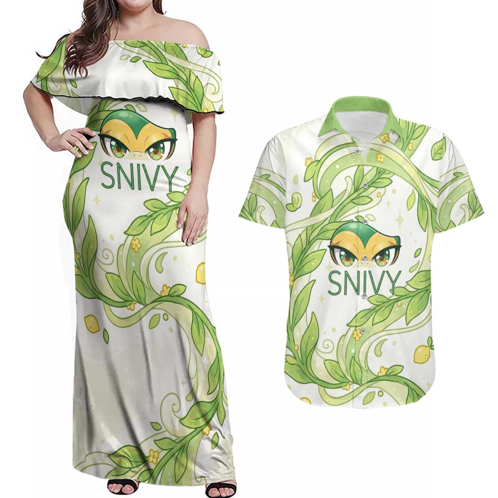 Snivy Couples Matching Off Shoulder Maxi Dress and Hawaiian Shirt Elegant Botanical Art Nouveau Style