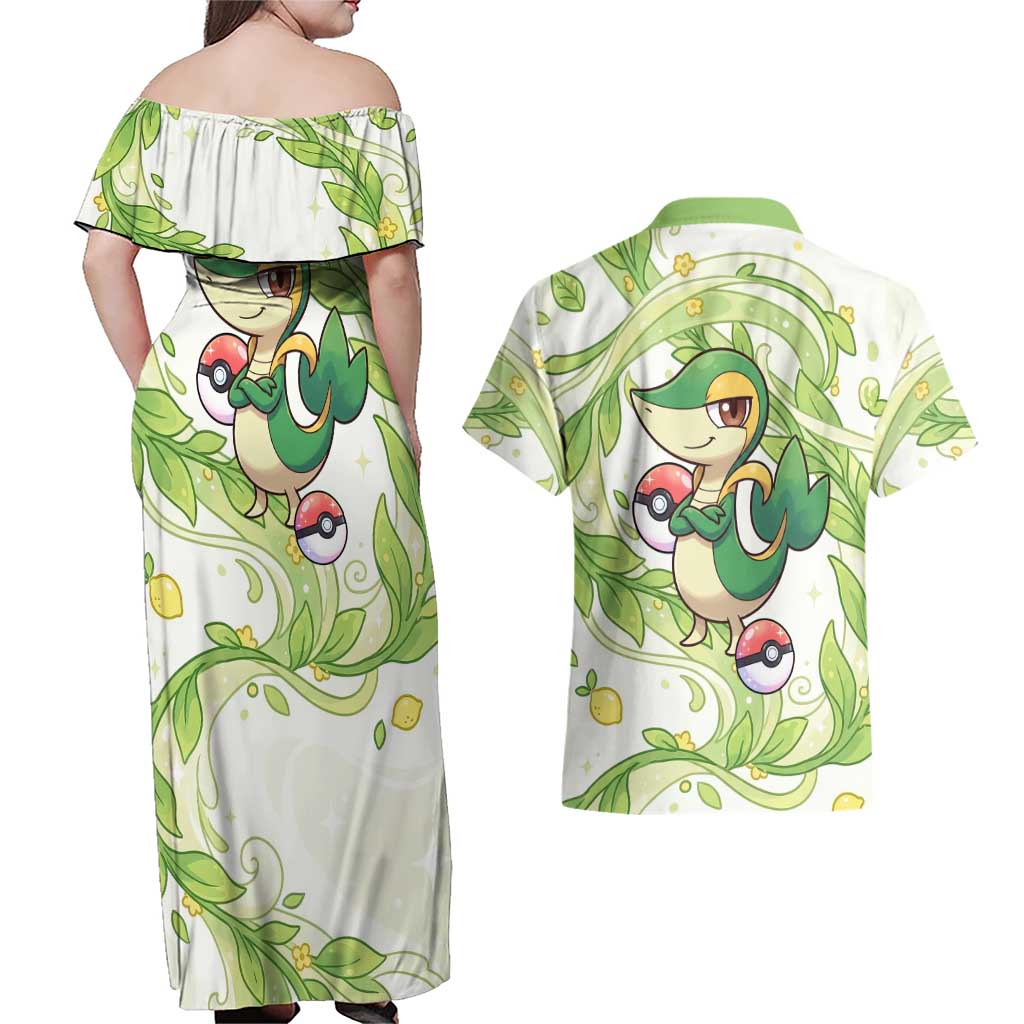 Snivy Couples Matching Off Shoulder Maxi Dress and Hawaiian Shirt Elegant Botanical Art Nouveau Style
