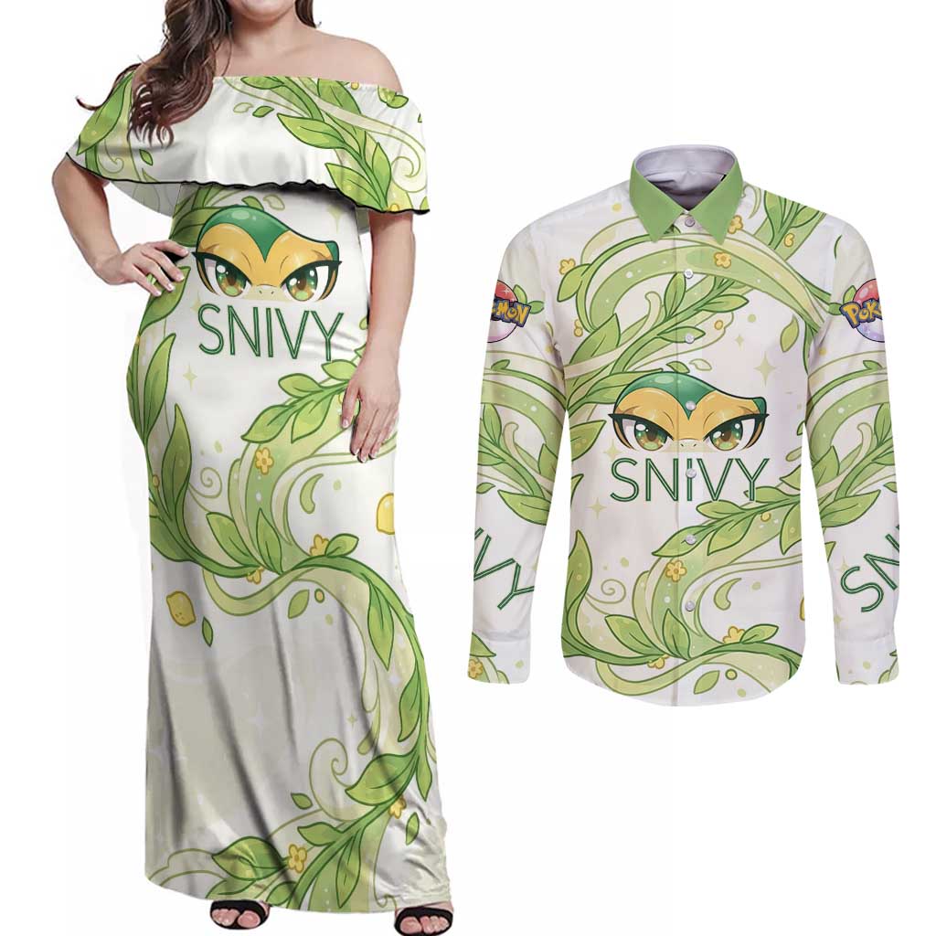 Snivy Couples Matching Off Shoulder Maxi Dress and Long Sleeve Button Shirt Elegant Botanical Art Nouveau Style