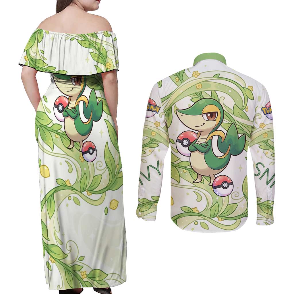 Snivy Couples Matching Off Shoulder Maxi Dress and Long Sleeve Button Shirt Elegant Botanical Art Nouveau Style