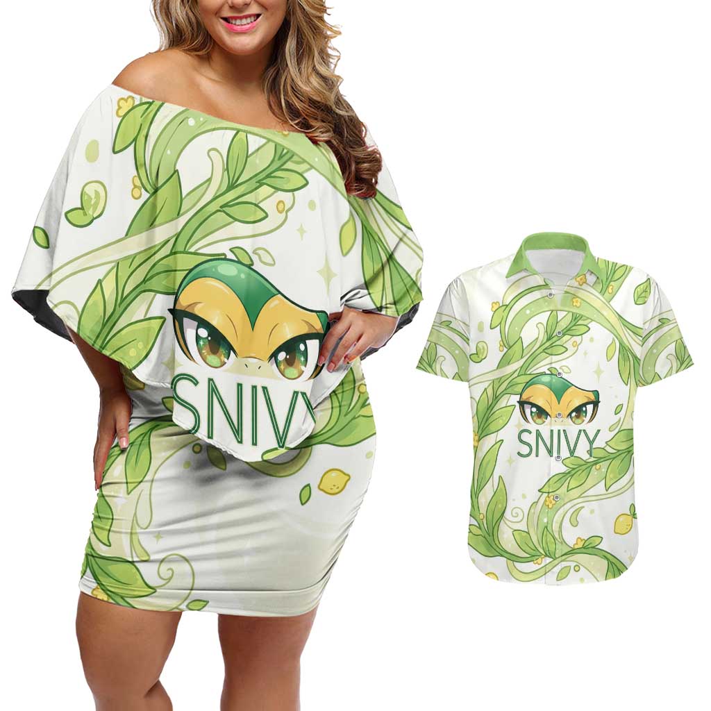 Snivy Couples Matching Off Shoulder Short Dress and Hawaiian Shirt Elegant Botanical Art Nouveau Style