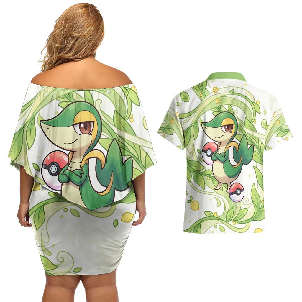 Snivy Couples Matching Off Shoulder Short Dress and Hawaiian Shirt Elegant Botanical Art Nouveau Style